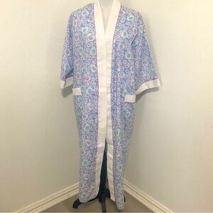 Vintage Amanda Stewart Intimates Women’s Maxi Kimono Robe OS Floral White,Blue
